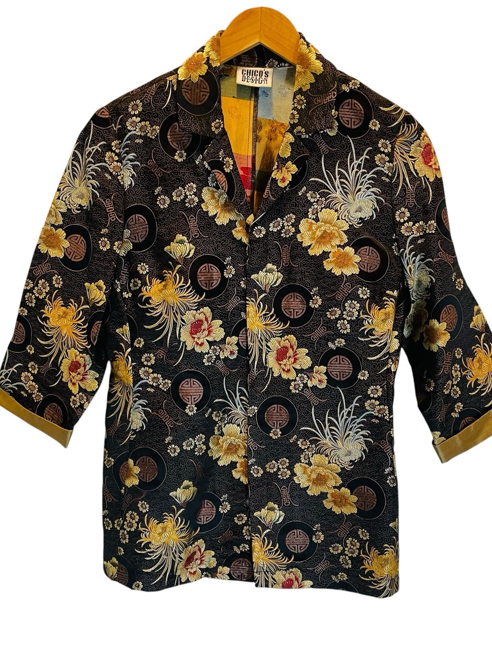 Vintage Chico's Asian-Inspired Button Front Brocade Black Gold Jacket Top Size M